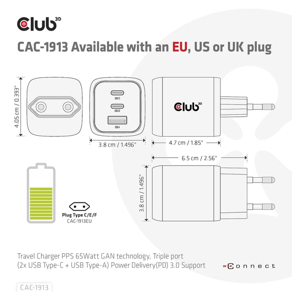 CLUB3D Travel Charger PPS 65Watt GAN technology, Triple port (2x USB Type-C + USB Type-A) Power Delivery(PD) 3.0 Support