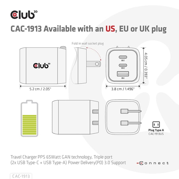 CLUB3D Travel Charger PPS 65Watt GAN technology, Triple port (2x USB Type-C + USB Type-A) Power Delivery(PD) 3.0 Support