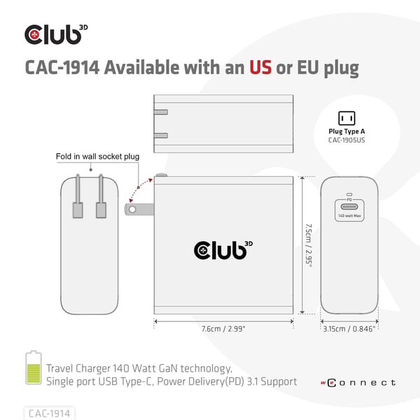 CLUB3D Travel Charger 140 Watt GaN technology, Single port USB Type-C, Power Delivery(PD) 3.1 Support