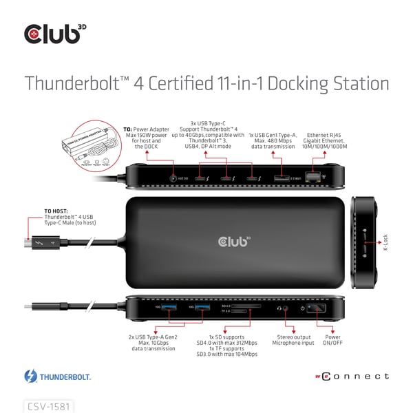 CLUB3D CSV-1581 dockningsstationer för bärbara datorer Dockning Thunderbolt 4 Svart