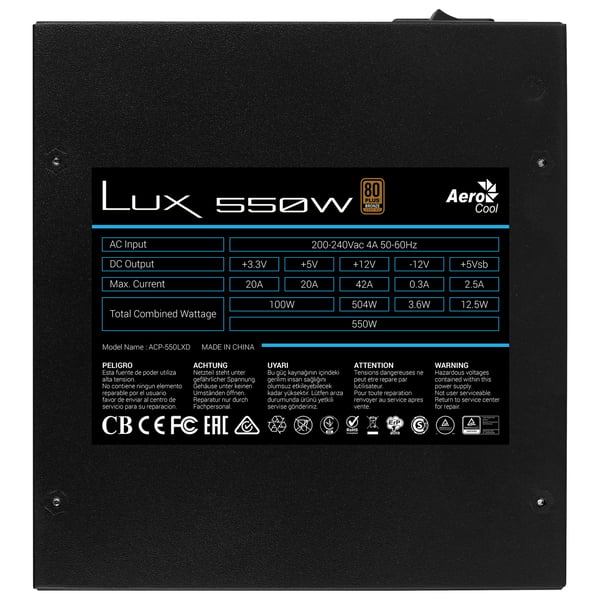 Aerocool LUX 550W virtalähdeyksikkö 20+4 pin ATX ATX Musta