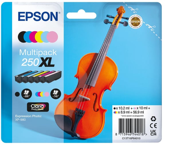 Epson 250XL Violin Claria Photo HD blækpatron 6 stk Original Højt (XL) udbytte Sort, Blå, Lys cyan, Lys magenta, Magenta, Gul