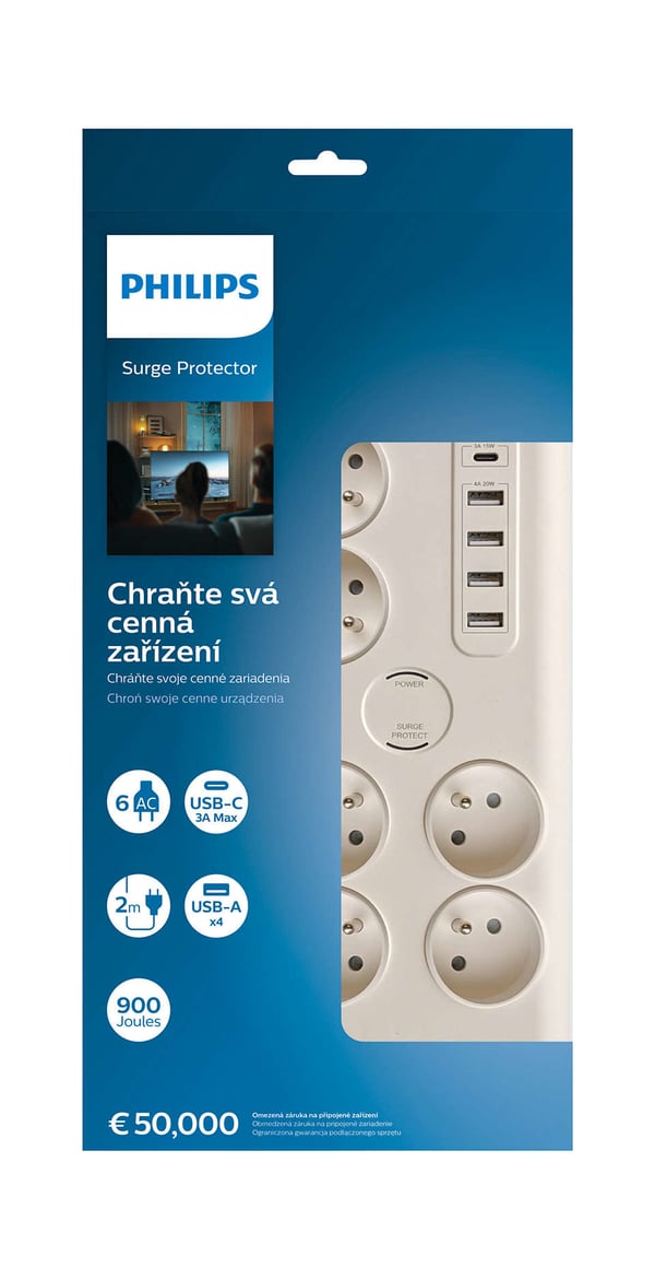 Philips SPN7060WA/60 overspændingsbeskytter Hvid 6 AC stikkontakt(er) 2 m