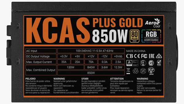 Aerocool KCAS PLUS GOLD 850W strömförsörjningsenheter 20+4 pin ATX Svart