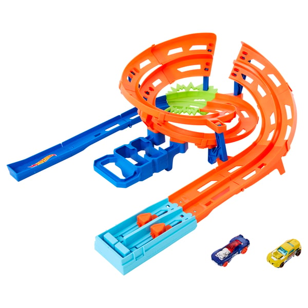 Hot Wheels Action Whip Around Raceway, två leksaksbilar i skala 1:64, förvaring