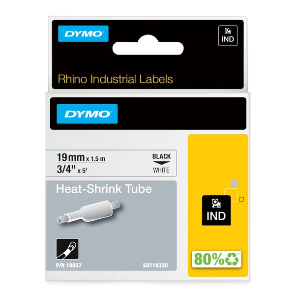 DYMO Industriella Rhino-krympslangar | 19 mm × 1,5 m | Svart text på vit tejp | Självhäftande | För Rhino-etikettskrivare