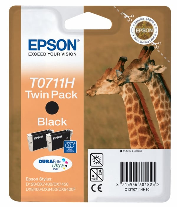 Epson Giraffe Dobbeltpakke blækpatron, sort T0711H, dobbeltpakke T0711H DURABrite Ultra Ink Epson Giraffe Dobbeltpakke blækpatron, sort T0711H, dobbeltpakke T0711H DURABrite Ultra Ink