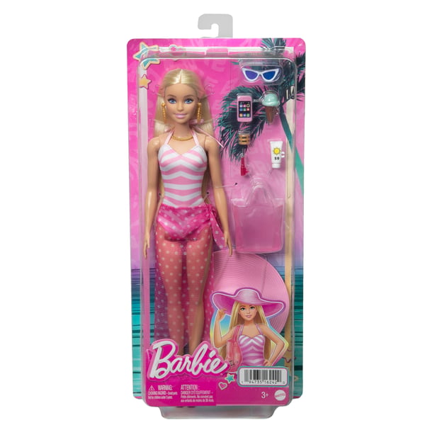 Barbie Vaaleahiuksinen -nukke, uima-asu ja ranta-aiheisia tarvikkeita