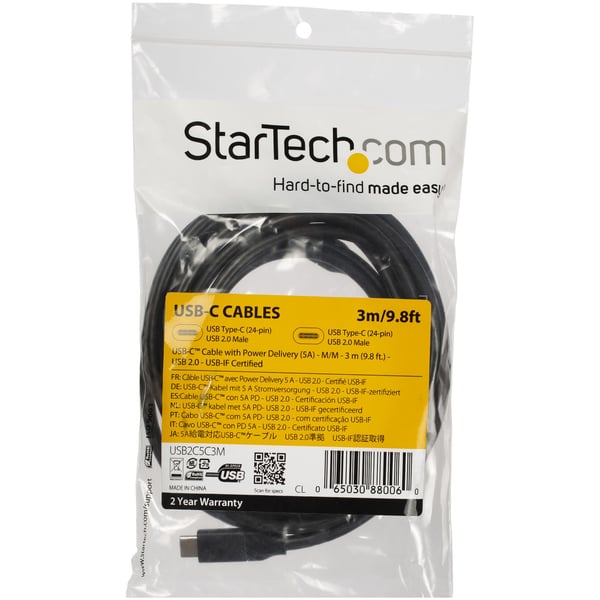 StarTech.com 3 m USB-C snabbladdningskabel, laddning och synkronisering, 100 W (5 A) PD, USB 2.0, USB-IF-certifierad - USB C-laddningssladd