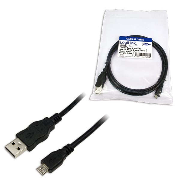 LogiLink 1.8m USB/microUSB USB-kablar USB 2.0 1,8 m USB A Micro-USB B 0,48 Gbit/s Svart