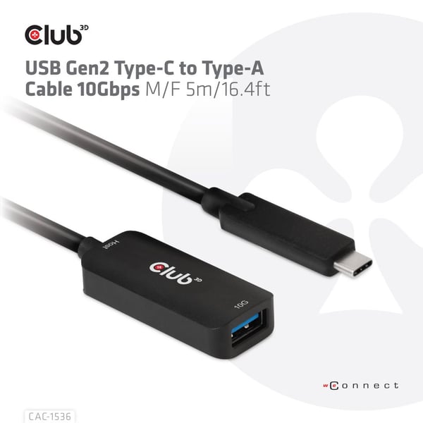 CLUB3D CAC-1536 USB-kabel USB 3.2 Gen 2 (3.1 Gen 2) 5 m USB C USB A 10 Gbit/sek. Sort