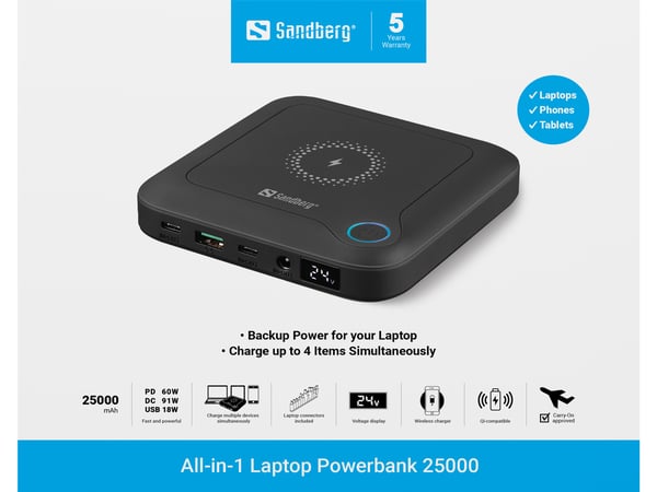 Sandberg 421-46 akku- ja paristolaturi Litiumioni (Li-Ion) 25000 mAh Langaton lataaminen Musta