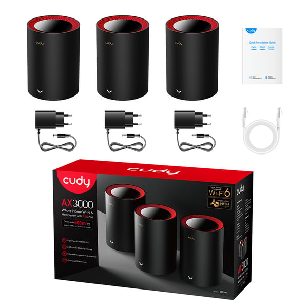 Cudy M3000 3-Pack Kaksitaajuus (2,4 GHz/5 GHz) Wi-Fi 6 (802.11ax) Musta, Punainen 1 Sisäinen