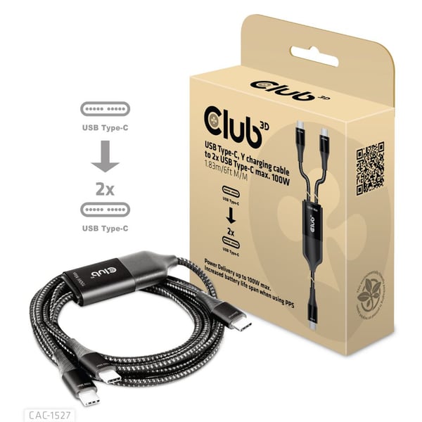 CLUB3D CAC-1527 USB-kablar 1,83 m USB C 2 x USB C 100 W Svart