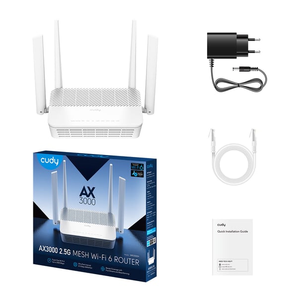 Cudy AX3000 2.5G Mesh Wi-Fi 6 Router, WR3000H 1.0 trådløs router 2.5 Gigabit Ethernet Dual-band (2,4 GHz / 5 GHz) Hvid