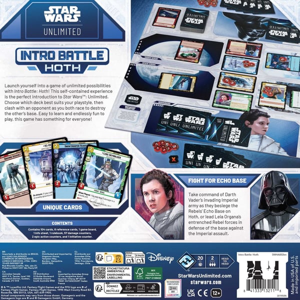 Asmodee Star Wars: Unlimited - Intro Battle: Hoth Launch yourself into a game of unlimited possibilities with Intro Battle:Hoth! This self-contained experience is the perfect introduction to Star Wars: Unlimited. Choose which deck best suits your playstyle, then clash with an opponent as you both race to destroy the other's base. Easy to learn and endlessly fun to play, this game has something for everyone! Lautapeli