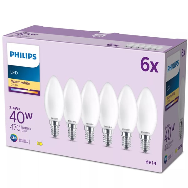 Philips Filament kertepære, matteret 40 W B35 E14 x 6