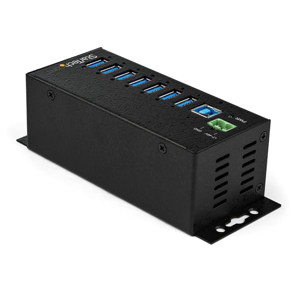 StarTech.com USB 3.0-hubb med 7 portar och nätadapter - Industriell USB-A-hubb i metall med ESD- och 350 W överspänningsskydd - Monterbar på DIN-skena/vägg/skrivbord - Höghastighets USB 3.2 Gen 1 (5Gbps)-hubb