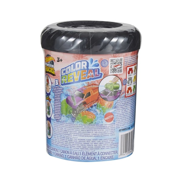 Hot Wheels Monster Trucks Color Reveal ‐monsteriauto, 1:64-mittakaavan väriä vaihtava leluauto, kaksi astiaa, kansi ja autoon kiinnitettävä vesitykki