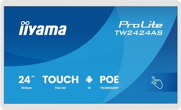 iiyama TW2424AS-W3P infonäyttö Interaktiivinen litteä paneeli 60,5 cm (23.8") LCD Wi-Fi 450 cd/m² Full HD Valkoinen Kosketusnäyttö Sisäänrakennettu prosessori Android 24/7