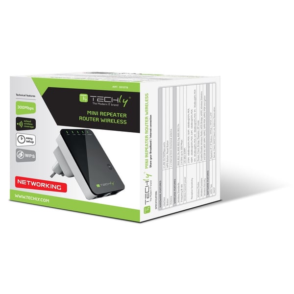 Techly I-WL-REPEATER2 trådløs router Hurtigt ethernet Sort, Hvid