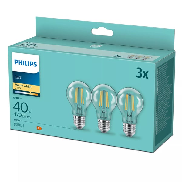 Philips Filamentljuskälla klar 40 W A60 E27 x3