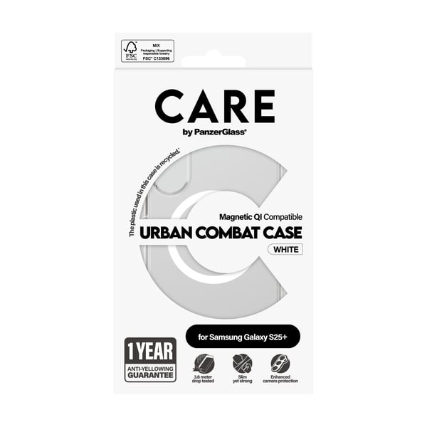 PanzerGlass CARE™ by ® Urban Combat Case Transparent m. Hvid Qi Compatible Samsung Galaxy S25+