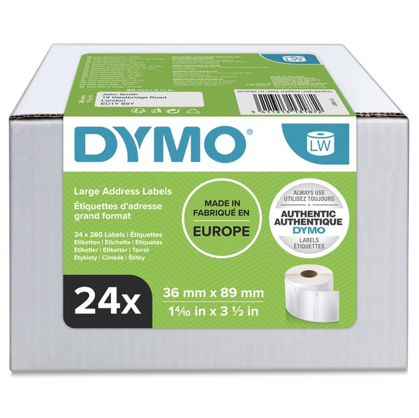 DYMO LabelWriter stora adressoriginaletiketter | 36 mm x 89 mm | 24 rullar med 260 etiketter som är lätta att dra av (6 240 etiketter) | Självhäftande | för LabelWriter-märkmaskinen