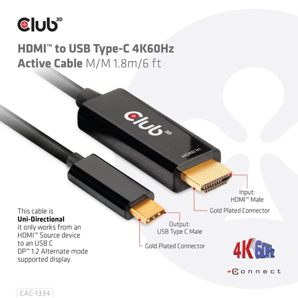 CLUB3D CAC-1334 videokabeladapter 1,8 m HDMI Typ A (standard) USB Type-C Svart