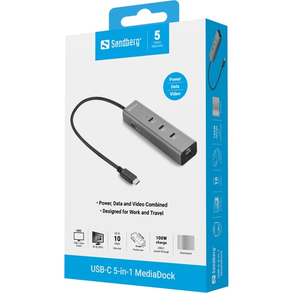 Sandberg 136-78 kannettavien tietokoneiden telakka ja porttitoistin Langallinen USB 3.2 Gen 2 (3.1 Gen 2) Type-C Harmaa