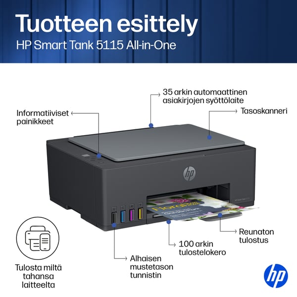 HP Smart Tank 5115 Langaton All-in-One Väri Tulostin, Up to 2 Years of ink included; Two-sided printing; Copier, Scanner