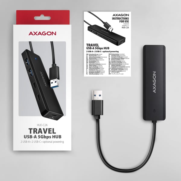 Axagon HUE-C2A gränssnittshubbar USB 3.2 Gen 1 (3.1 Gen 1) Type-A 5000 Mbit/s Svart