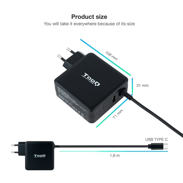 TooQ TQLC-USBC65PD virta-adapteri ja vaihtosuuntaaja Sisätila 65 W Musta