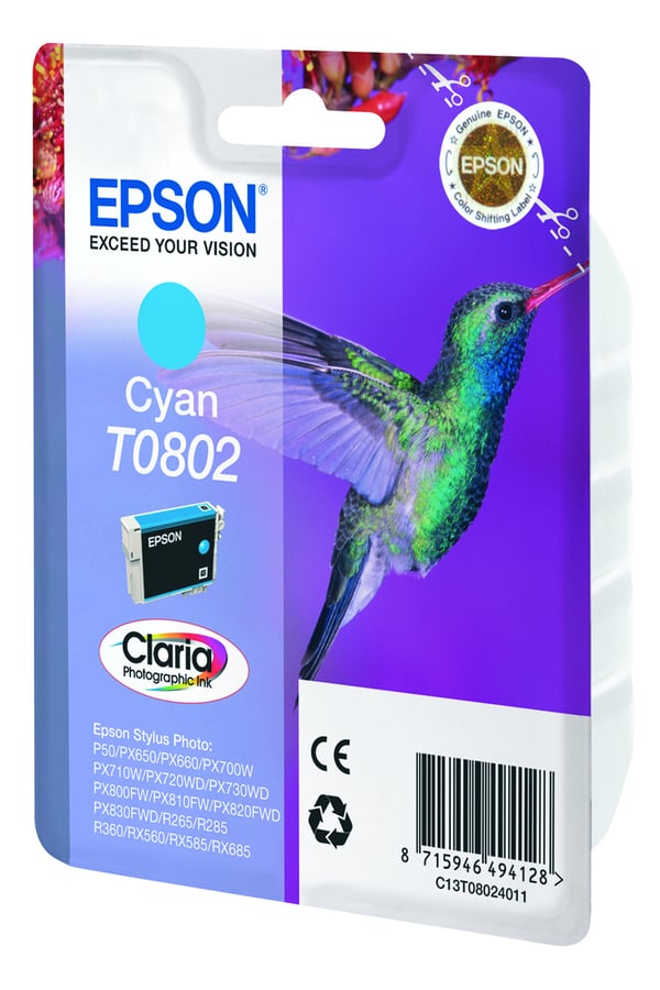 Epson Hummingbird Yksittäispakkaus, syaani T0802 Claria Photographic -muste