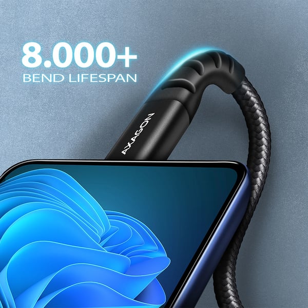 Axagon Data and charging USB 2.0 cable 1.5 m long. PD 60W, 3A. Black braided. USB-kabel 1,5 m USB C 0,48 Gbit/sek. Sort