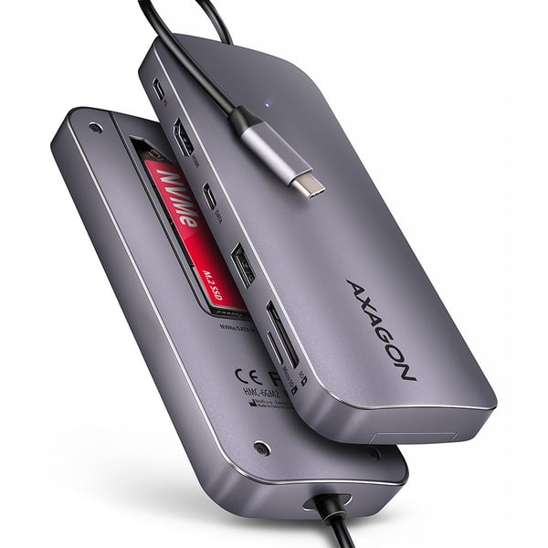 Axagon HMC-6GM2 USB 10Gbps hub USB-A USB-C HDMI M.2 SD/mSD PD 100W USB-C Ledningsført USB 3.2 Gen 2 (3.1 Gen 2) Type-C Grå
