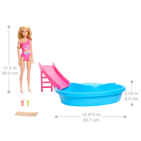 Barbie Barbie-legesæt med dukke og pool, lyshåret dukke med pool, rutsjebane, håndklæde og legetøjsdrikke