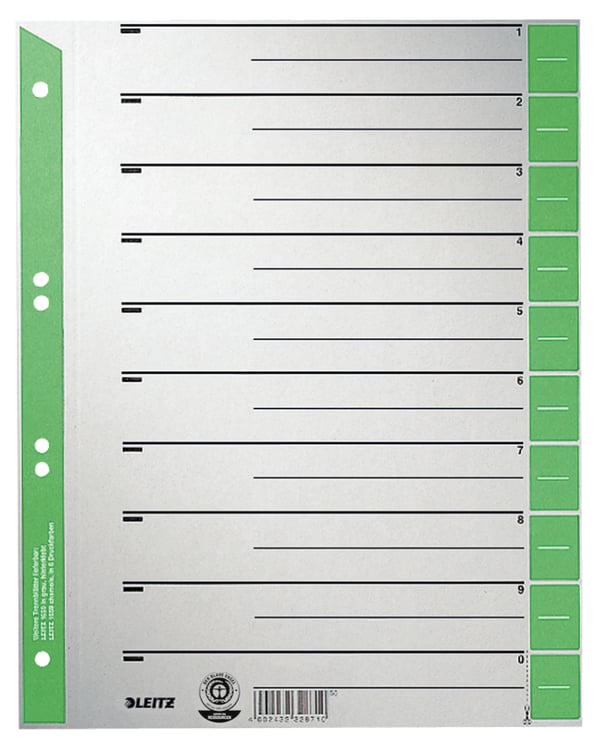 Leitz 16520055 flikregister Numeriska registerflikar Kartong Grön, Grå