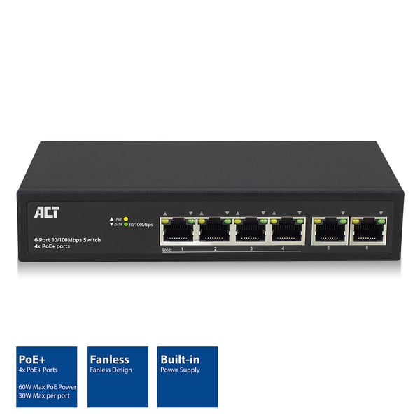 ACT AC4430 nätverksswitchar Ohanterad Fast Ethernet (10/100) Strömförsörjning via Ethernet (PoE) stöd Svart