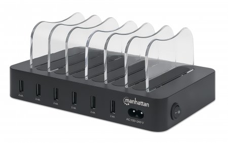 Manhattan-latausasema, 6x USB-A-porttia, ulostulot: 6x 2,4 A, Smart IC, LED-merkkivalot, musta