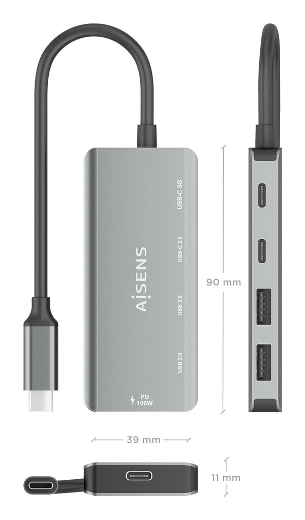 AISENS A109-0946 kannettavien tietokoneiden telakka ja porttitoistin Langallinen USB 3.2 Gen 1 (3.1 Gen 1) Type-C Harmaa