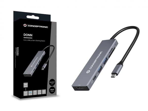Conceptronic DONN23G kannettavien tietokoneiden telakka ja porttitoistin Langallinen USB 3.2 Gen 1 (3.1 Gen 1) Type-C Harmaa