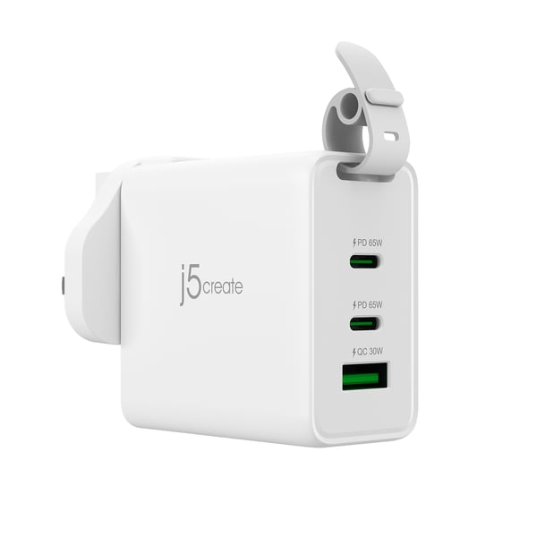 j5create 65W GaN USB-C 3-portars reseladdare med utbytbara AC-kontakter och USB-C-kabel