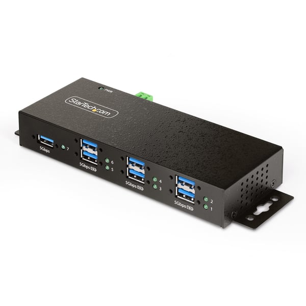 StarTech.com Hanterad USB-hubb med 7 portar och 7x USB-A, robust industrihölje i metall, ESD- och överspänningsskydd, monterbar på vägg/skrivbord/skena, USB 3.0/3.1/3.2 Gen 1 5 Gbps