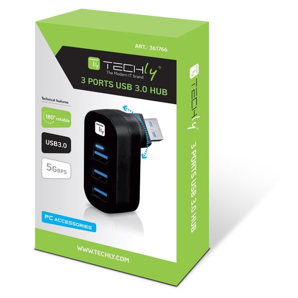 Techly IUSB3-HUB3-ROTB gränssnittshubbar USB 3.2 Gen 1 (3.1 Gen 1) Type-A 5000 Mbit/s Svart