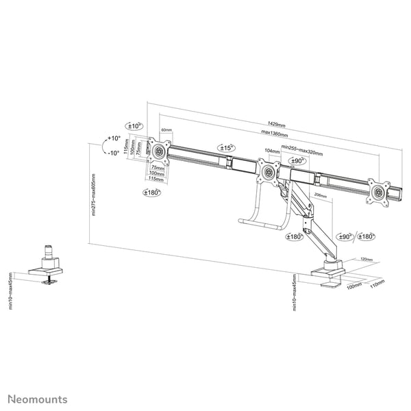 Neomounts NM-D775DX3WHITE skærmbeslag og -stativer 68,6 cm (27") Skrivebord Hvid