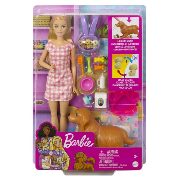 Barbie Legesæt med -dukke og nyfødte hundehvalpe med hund, 3 hundehvalpe og tilbehør, 3-7-årig