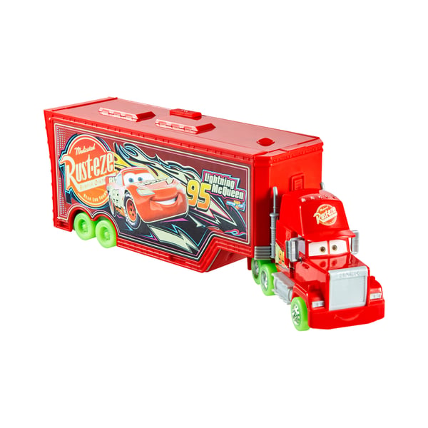 Disney Pixar Cars Disney och Pixar Bilar Glow Racers Förvandla Mack-lekset, självlysande 2-i-1-leksakslastbil och verkstad
