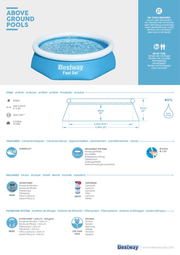 Bestway Fast Set 57450 swimmingpool til over jorden Indrammet/oppustelig pool Rund Blå, Hvid