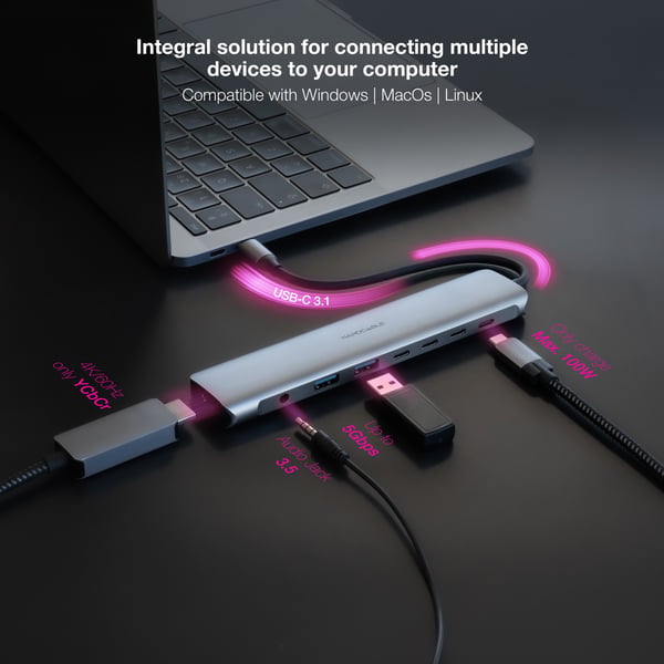 Nanocable 10.16.4608 kannettavien tietokoneiden telakka ja porttitoistin Langallinen USB 3.2 Gen 1 (3.1 Gen 1) Type-C Harmaa